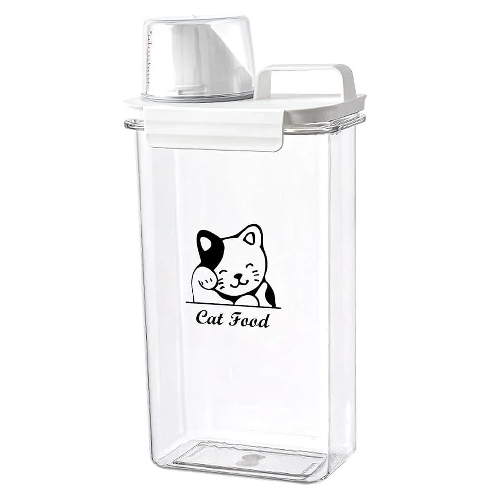 Geyecete - Contenedor de comida para gatos, 2,5 L, contenedor de croquetas de plástico transparente, caja hermética con taza medidora, portátil para viajes, libre de BPA