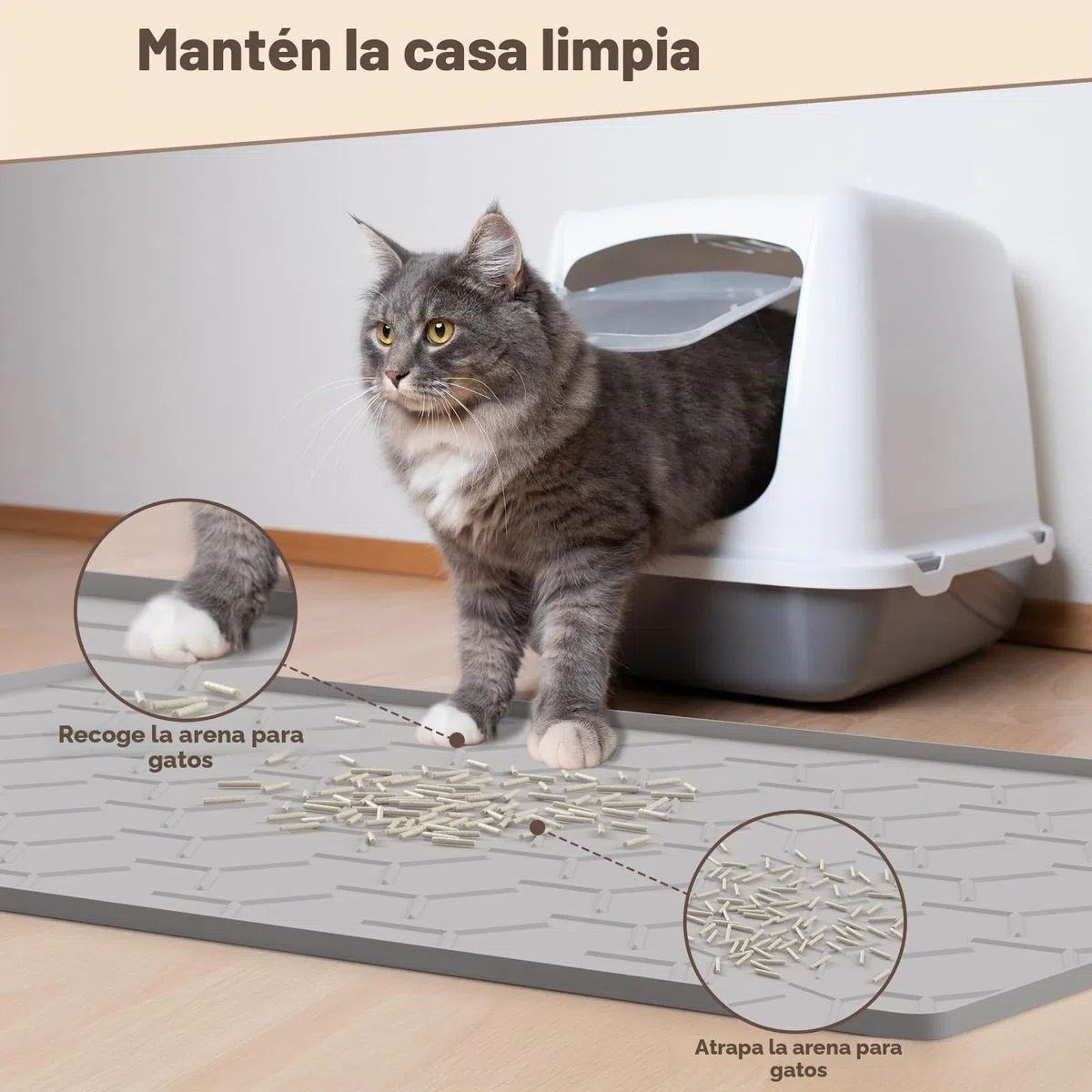 Garoopion Alfombra Grenero Gato, 86x56 cm Alfombrilla Arenero Gato, Silicona Impermeable Alfombra Arena Gatos, Fácil de Limpiar, Gris