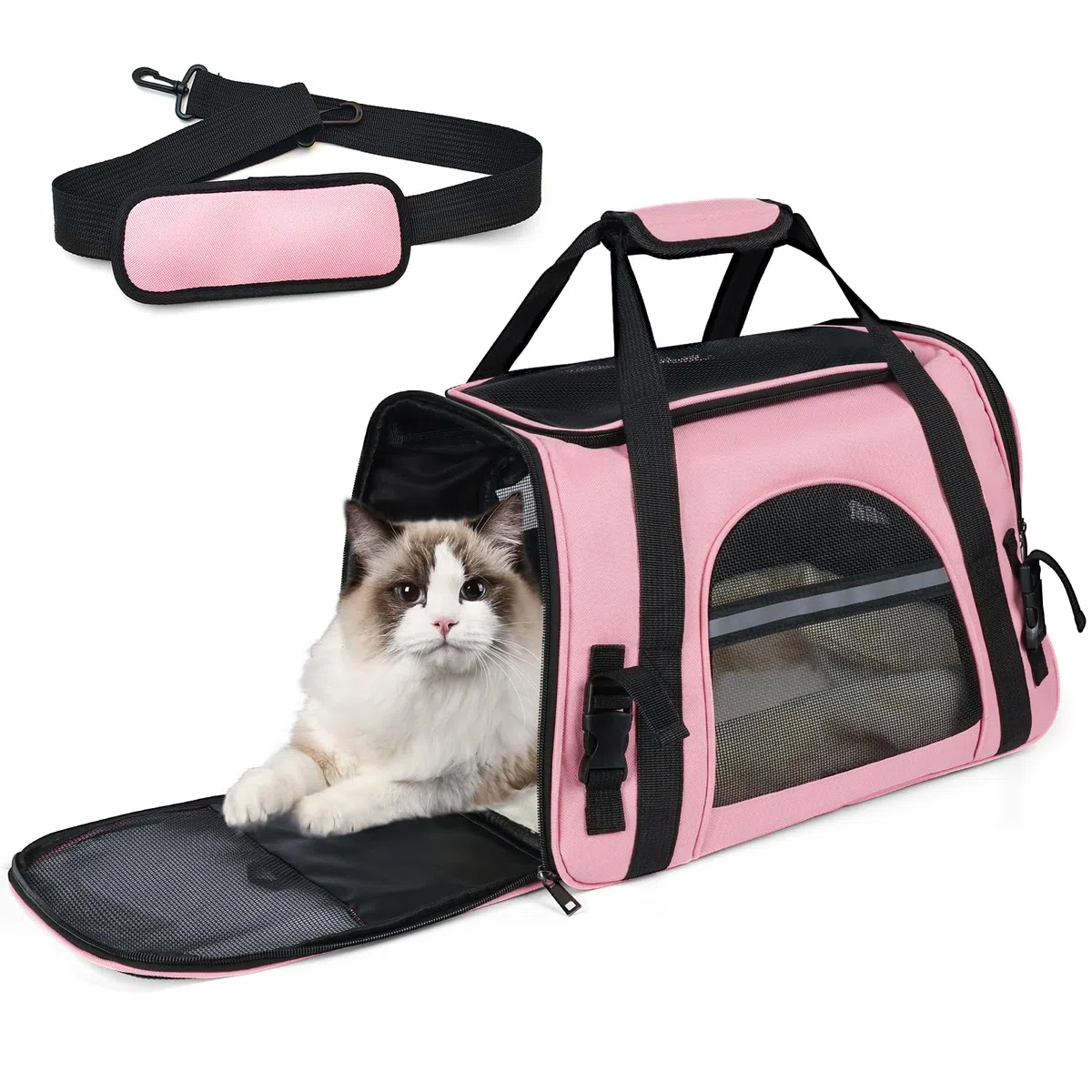 Bolsa de transporte para gato, perro, caja de transporte transpirable, jaula de transporte plegable con alfombra extraíble, cesta de transporte con correa ajustable desmontable, bolsa de mano gato