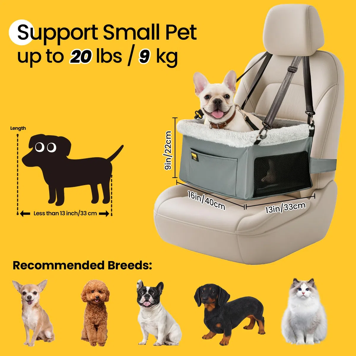 Conlun Asiento Coche Perro Pequeño y Gatos (hasta 9 kg) - Asiento Elevador Perro con Cinturón de Seguridad - Silla Coche Mascotas Plegable con Estructura de Acero (40x33x22 cm)