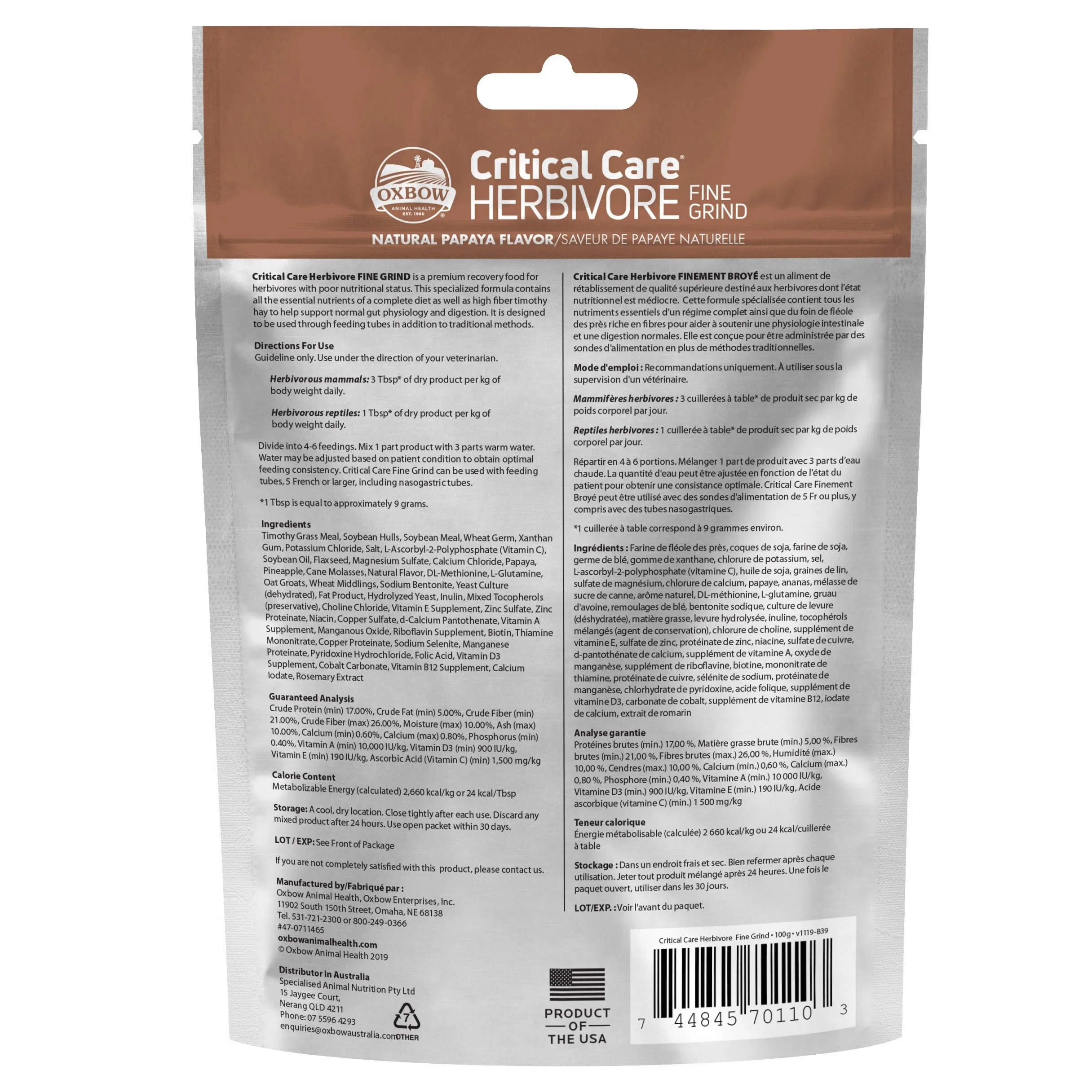 Oxbow Critical Care Fine Grind Fórmula De Alimentación Complementaria Para Herbivores, 100 G