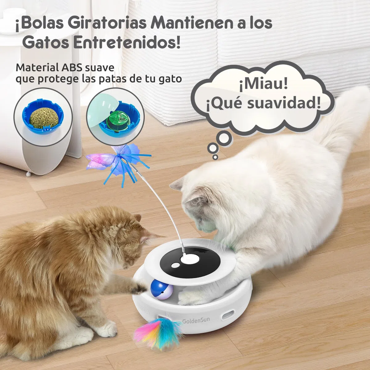 GoldenSun Juguetes para Gatos Recargable, Juguete Automático para Gatos 3 en 1, Pluma Móvil de Emboscada, Mariposa Aleteadora, Bolas de Rastreo, Golpea al Topo, Incluye 4 Accesorios