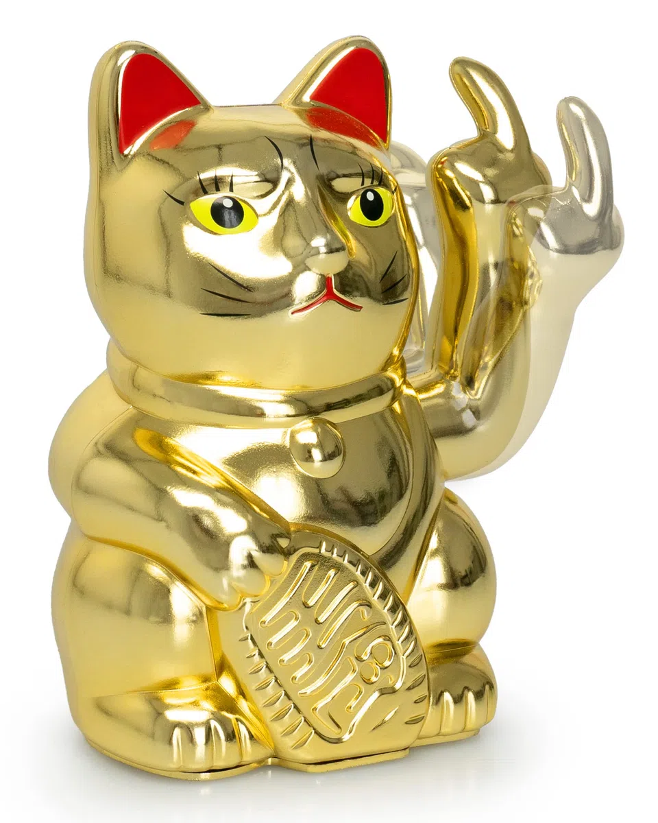 ANGRY CAT - Gato de guiño Lucky Cat - Gato Divertido Que Llama - Gato japonés - Artículo Decorativo de Gato - Brazo de ángulo - 15 cm - Oro