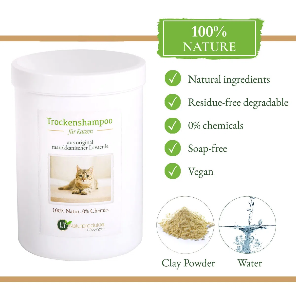 Champú seco para Gatos, con Polvo de Arcilla Original marroquí | Vegano y Bio | para el Cuidado del Pelo sin químicos | 800 g