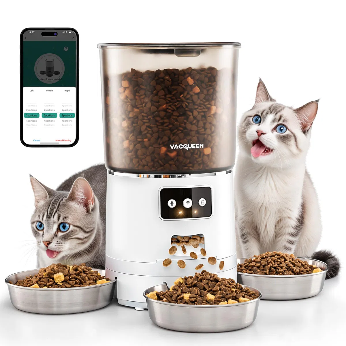 Comedero automático para gatos con aplicación, 6 L/25 tazas de comida para gatos, 3 cuencos, 3 paquetes de desecante, sistema antiobstrucción, grabación de voz 10S, 2,4 G WiFi, comida seca automática