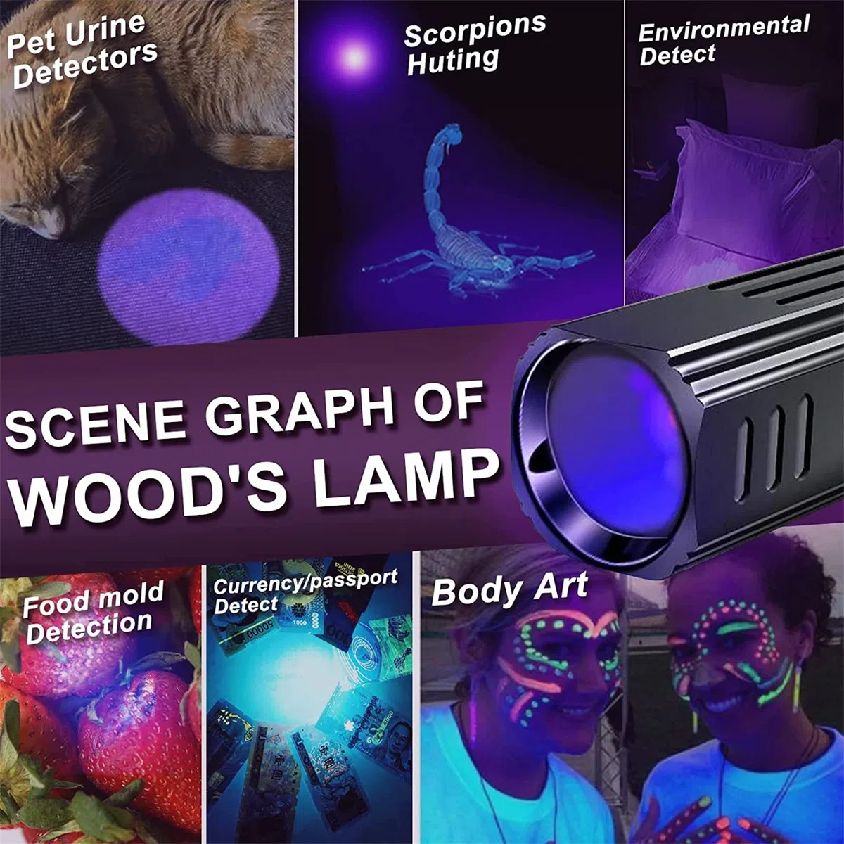 Wood's Lamp Pet gato, perro Wood's Black Light Linterna Cat Detector de tiña, Doctor Pet orina Detector, para analizar la piel del perro gato cuidado cama inspección de insectos