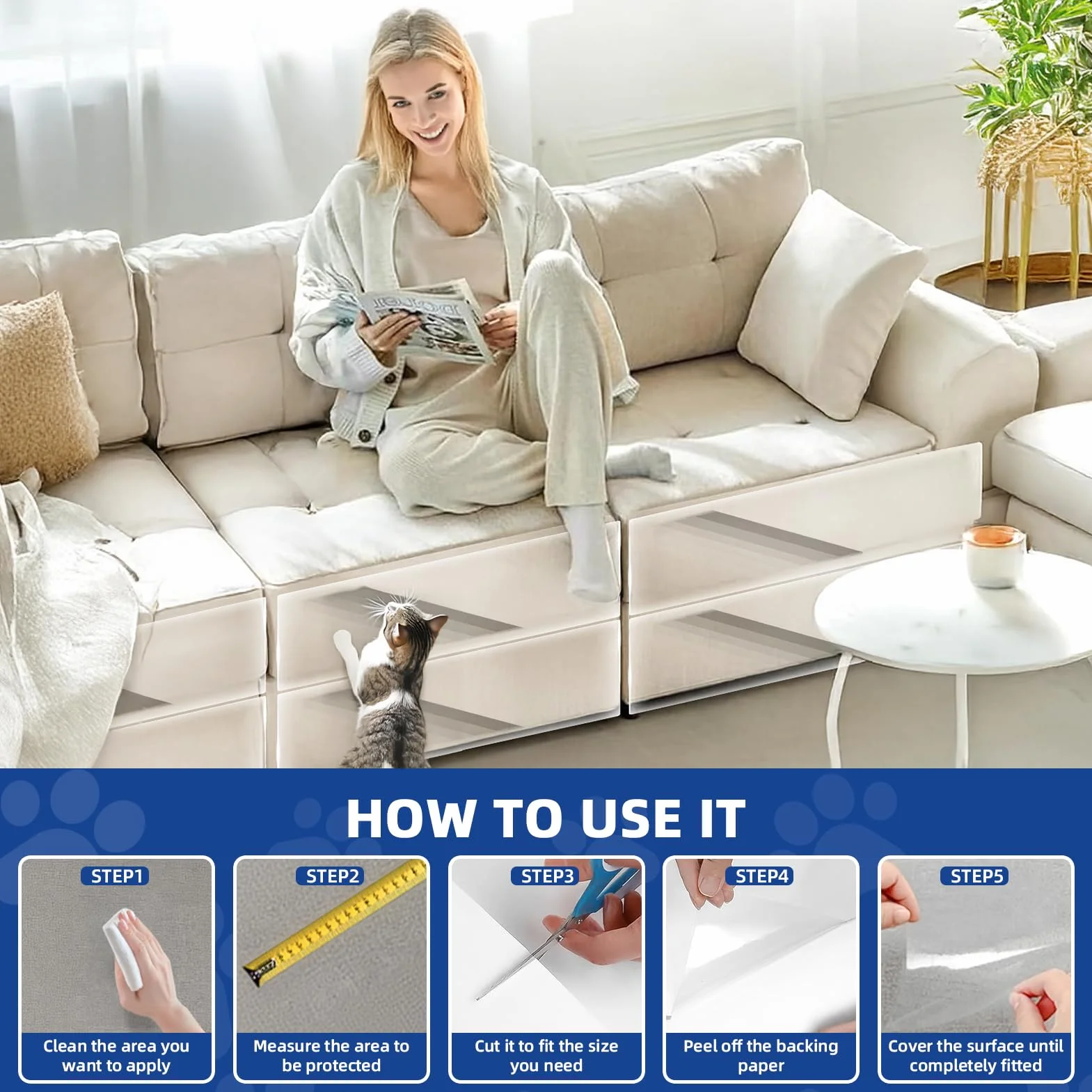 TOOSOFt - Protectores de sofá de plástico para Mascotas (5 m x 42 cm), Adhesivo Grande antiarañazos para Gatos, Protector de Muebles – Cinta Adhesiva Transparente para Evitar arañazos de Perros para