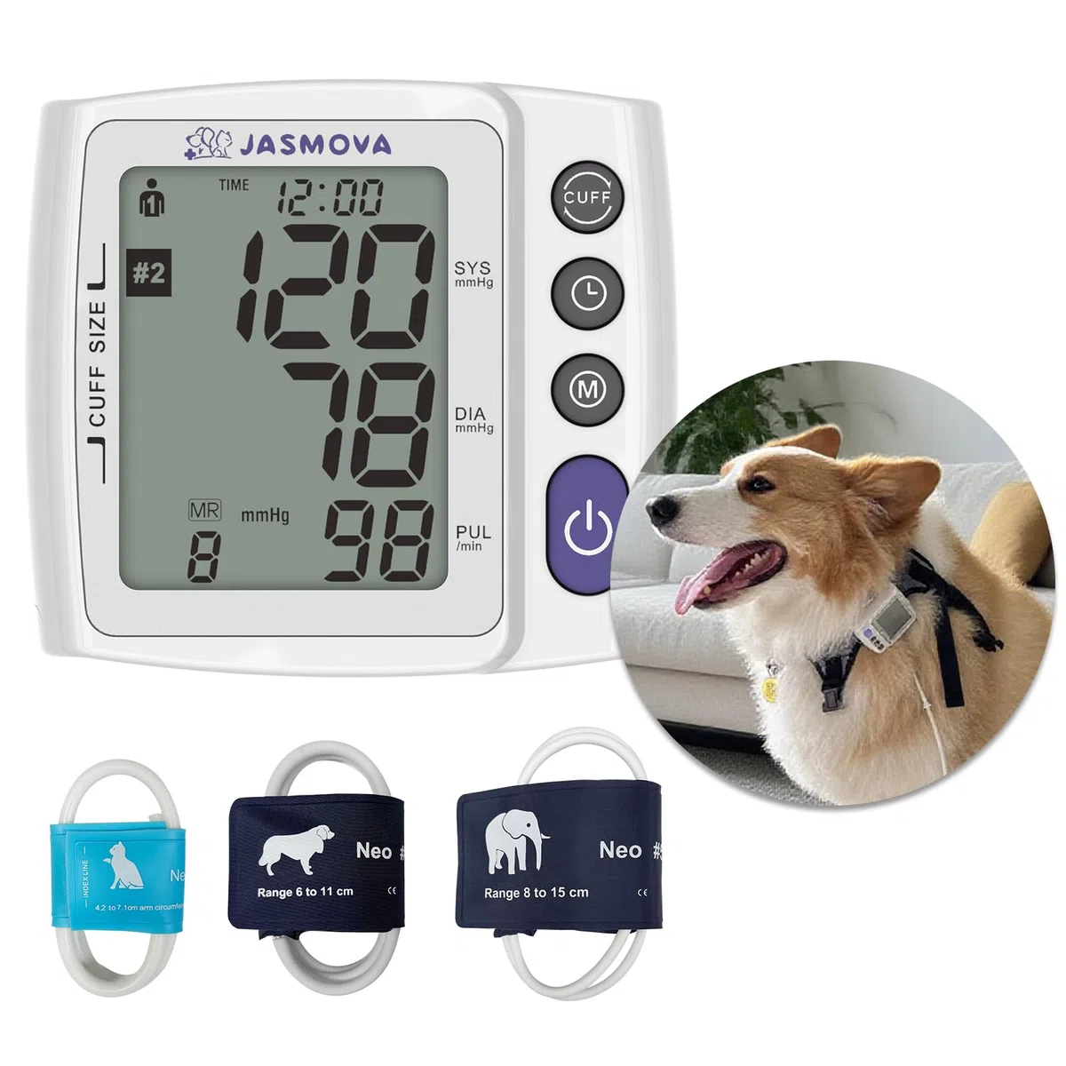 Monitor de presión arterial para mascotas portátil para perros y gatos, dispositivo oscilométrico de monitoreo del hogar con correa ajustable en el pecho, puños multitamaño, 240 juegos de memoria para