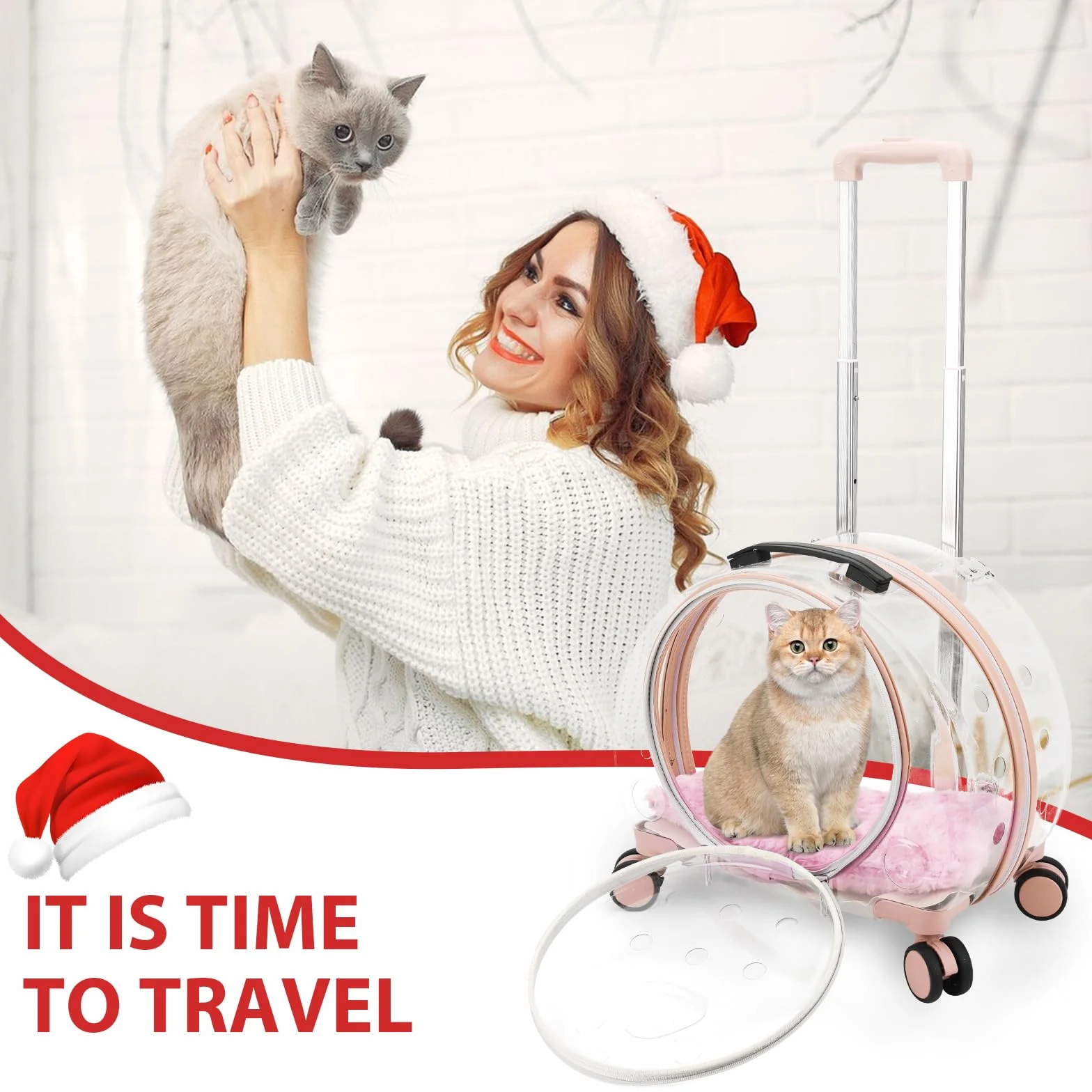 Transportín transparente y totalmente transpirable para gatos con ruedas giratorias para perros, gatos o conejos, más opciones de transporte, perfecto para viajar/hacer un paseo (rosa)