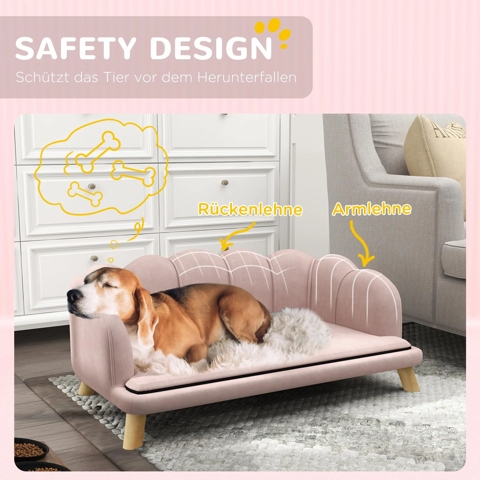 PawHut sofá para Perros, Funda Lavable, sofá para Mascotas con Respaldo y Patas de Madera, sofá para Gatos, para Perros medianos de Menos de 25 kg, Rosa