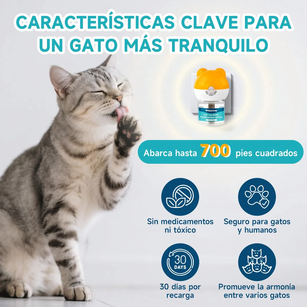 Woyamay Difusor de Feromonas para Gatos y Recambios, Calmante Gatos y Tranquilizantepara Gatos con 2 Difusor + 4 Recambios de 48 ml, Relajante para Gatos hasta 120 Dias
