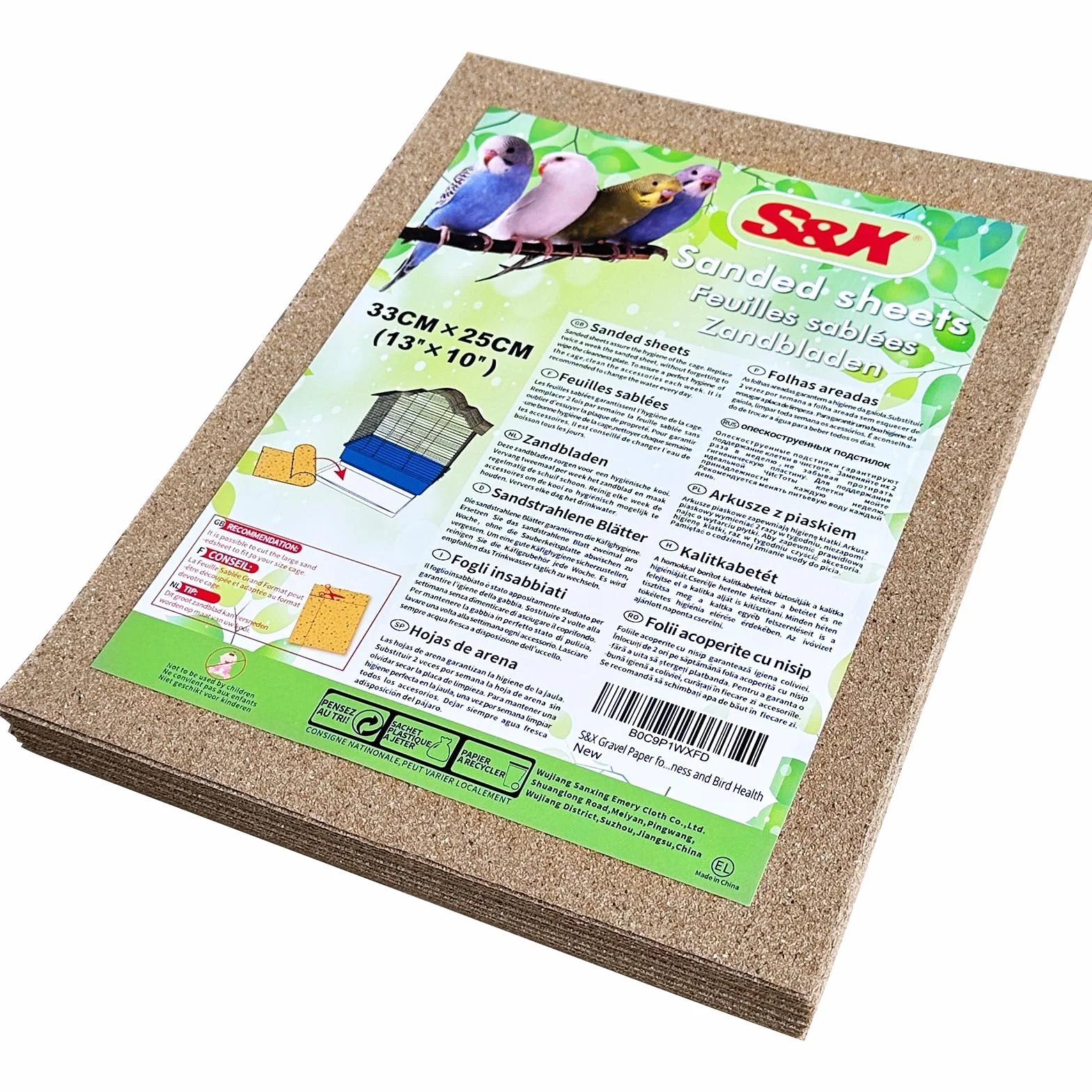 S&X Papel de grava para jaula de pájaros, paquete de 30 hojas de arena para una limpieza óptima y salud de las aves de 13 x 10 pulgadas