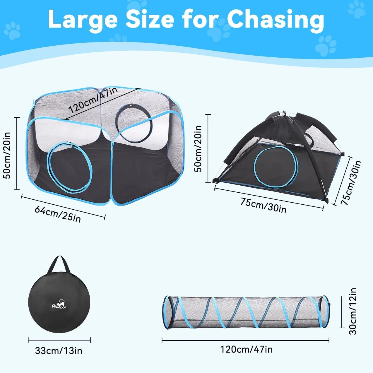 Pawaboo Parque para Mascotas con Túnel Portátil, 3 en 1 Túnel para Gatos Plegable con Tienda y Parque de Malla Transpirable, Corralito para Gatos Conejos Animales Pequeños, Azul Claro + Negro