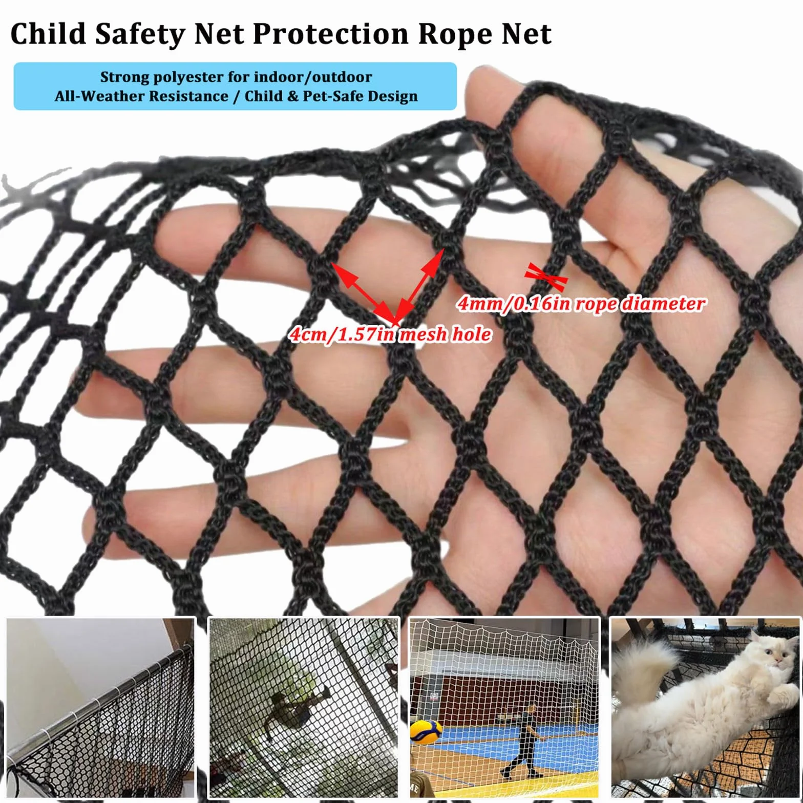 Red de Seguridad Para Niños, Red de Protección Anticaídas 4mm/4cm Para Escaleras Mascotas Gatos, Resistente al Desgaste Para Balcón Patio de Recreo Vallas Gatos(Size:1*5m(3*16ft),Color:negro)