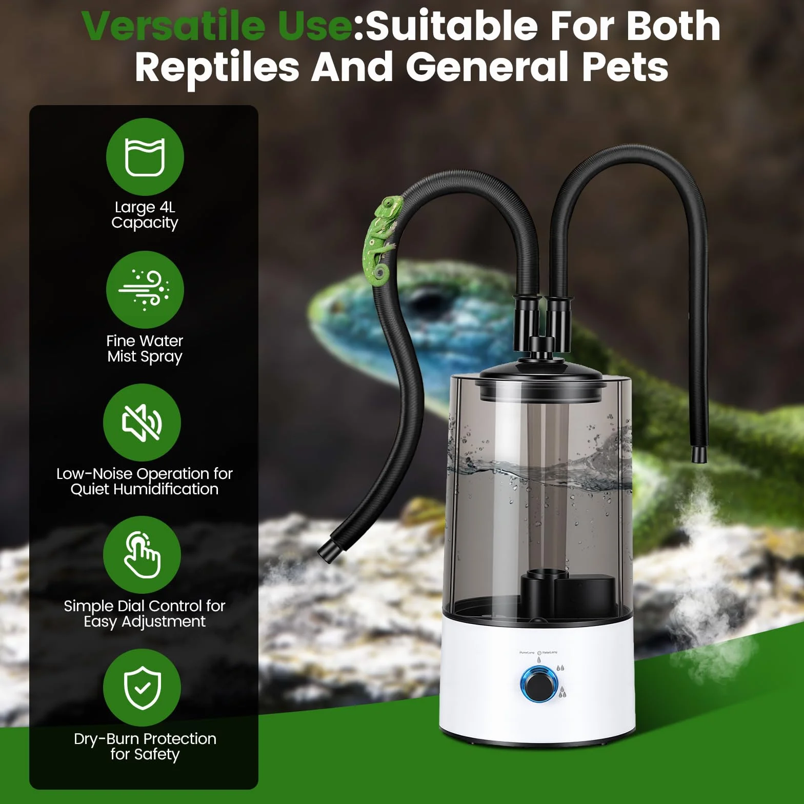 Humidificador Aéreo para Reptiles, 4L Generador Niebla para Terrarios con Tubo Doble Extensible, Ajuste en Tres Niveles del Tamaño de la Niebla, Vaporizador Ultra Silencioso para Reptiles