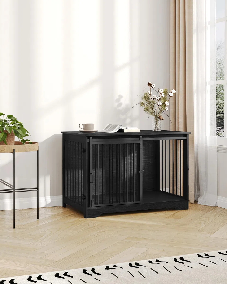 Hzuaneri 100cm Jaula para Perros, Mesa Auxiliar, casa Moderna para Perros, Jaula para Cachorros, dúplex para Animales, 2 Puertas, 60 x 100 x 68 cm, Negro DFC02304B