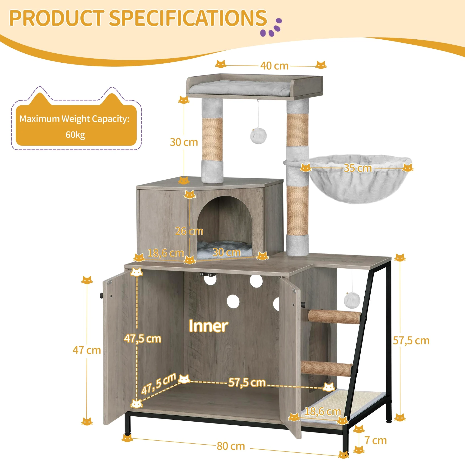 Hzuaneri Armario para Gatos, Moderna Casa para Gatos 4 en 1 con Plataforma Grande, Mueble Arenero Gato con Alfombrilla para Arañar, Postes, Escaleras y Pompón, Cojines Lavables, Greige CB81005B