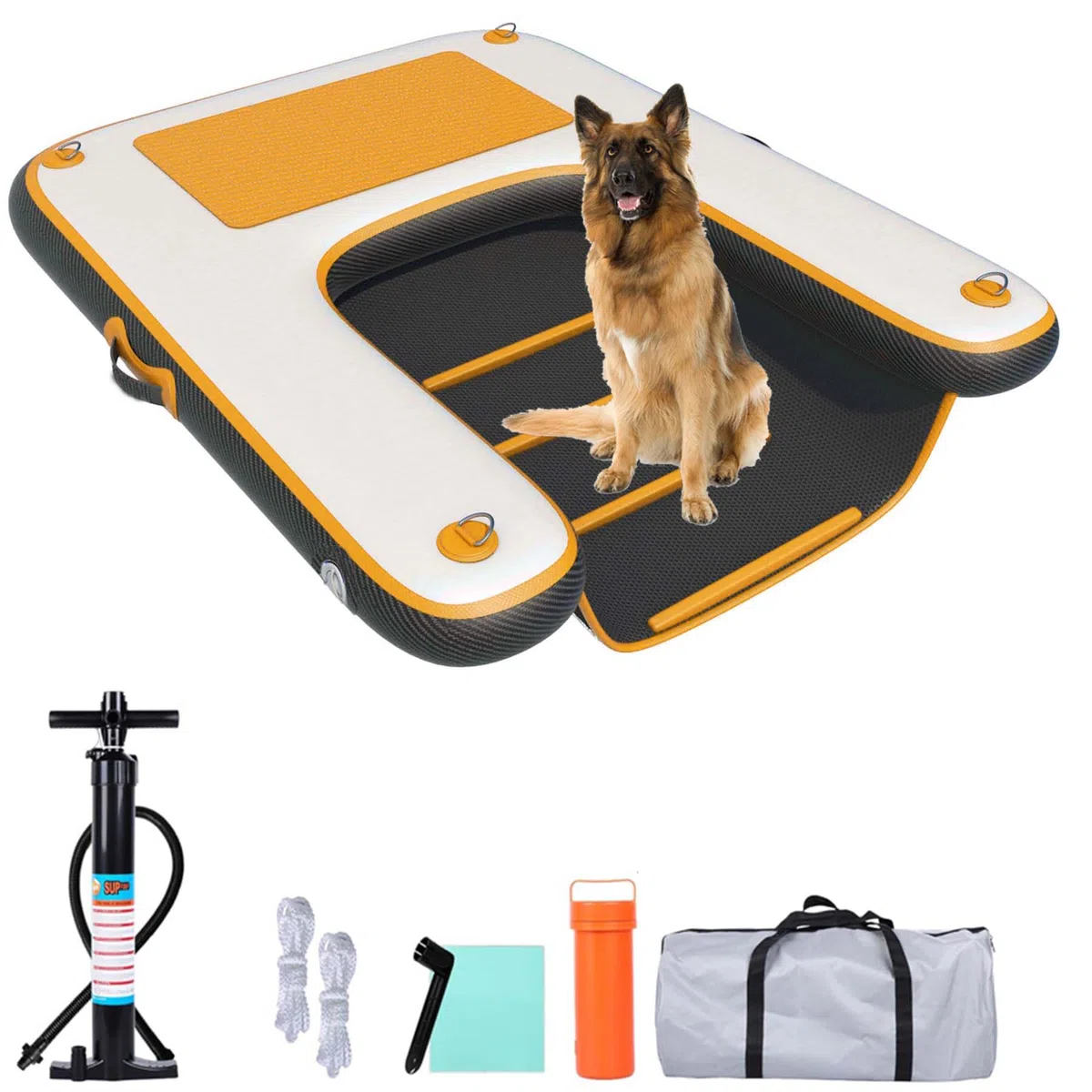 Rampa Hinchable para Perros con Escalera Flotante EVA Antideslizante para Piscina/Bote/Lago, 100 kg, Bomba incluida, portátil