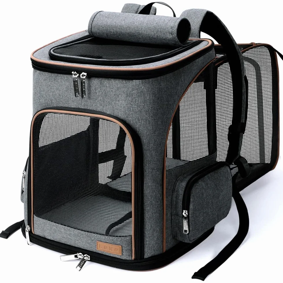 Lekesky Transportin Gato Mochilas para Gatos y Perro Bolsa para Mascotas Expandible Mochila Gato para Automóvil/Avión (Gris, M)