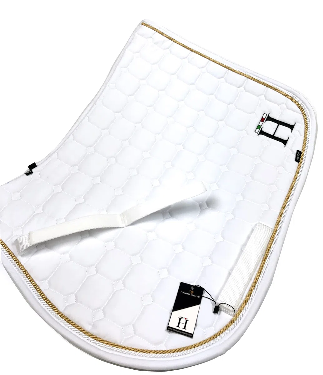 Horses, Mantilla para Caballos Ideal para Salto Ecuestre 100% Algodón, Cierre de Velcro, Ribete Trenzado, Antichoque (blanco/oro frío)