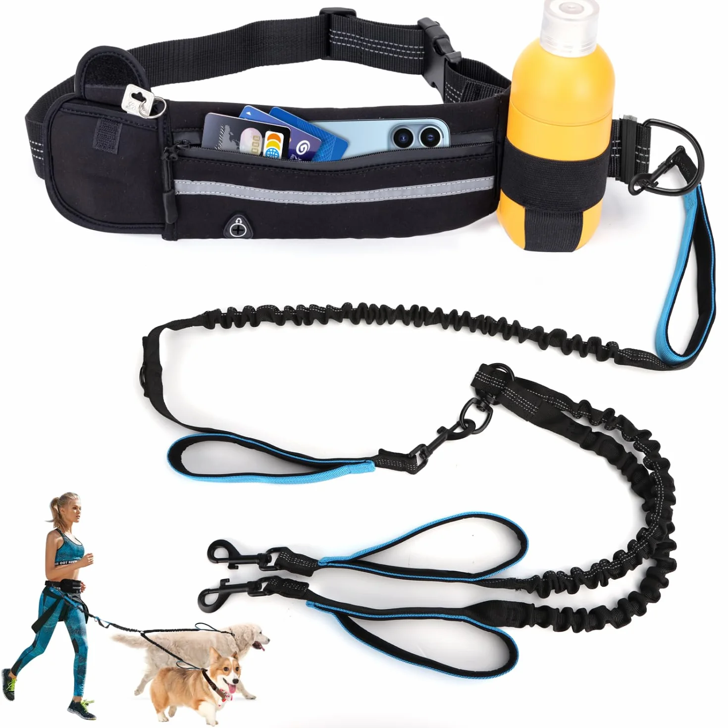Nobleza Correa de correr para 2 perros con cinturón abdominal, para perros, reflectante, elástica, para correr, senderismo