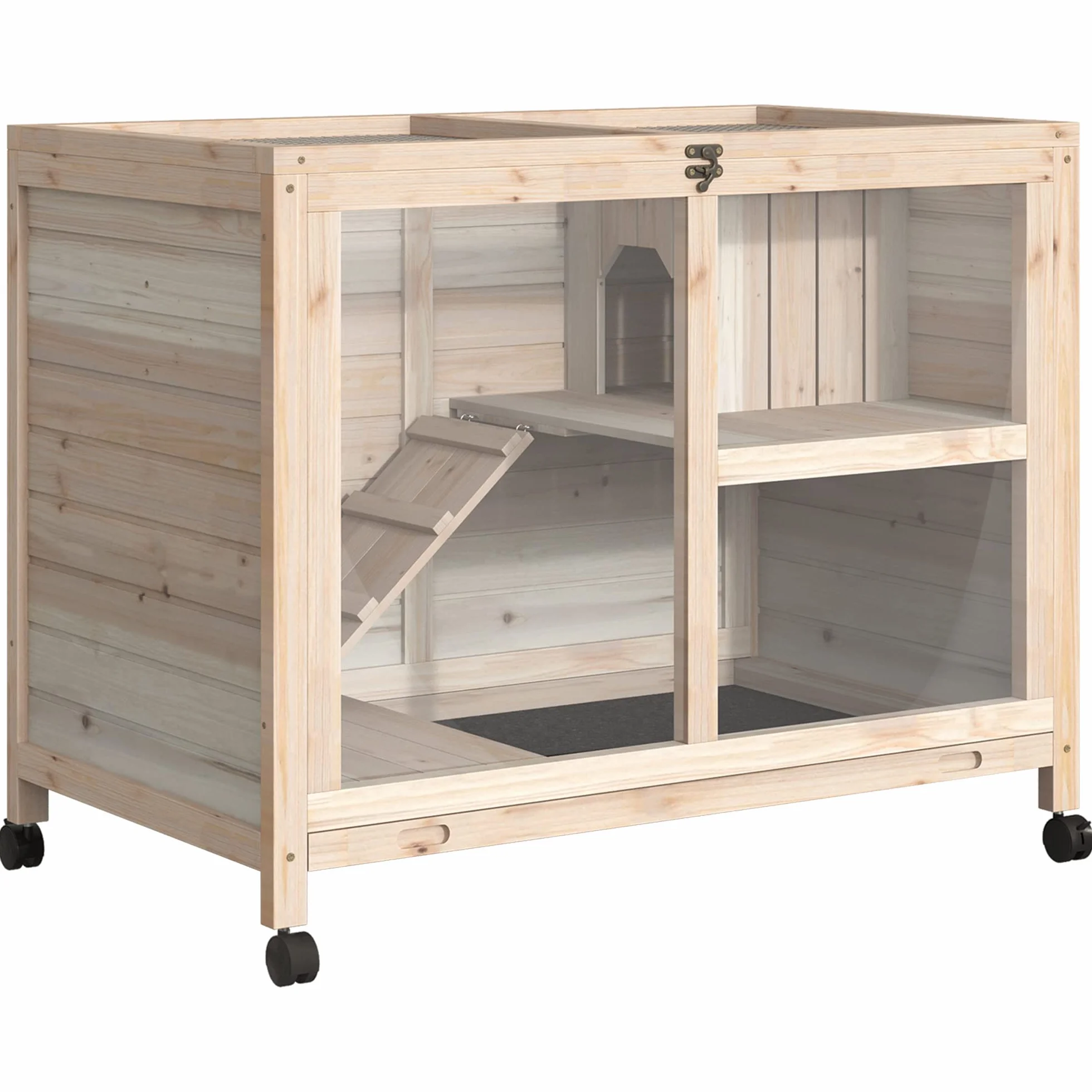 PawHut Conejera de Madera con Ruedas 91,5x53,3x73 cm Jaula para Conejos de 2 Niveles con Techo Abatible Bandeja Extraíble y Rampa Natural