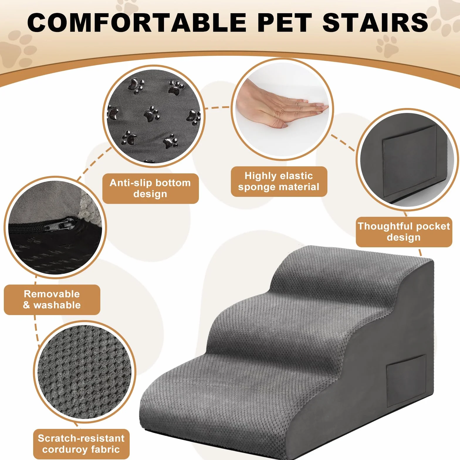 Otauoaea Escalera para Perros, Escaleras para Mascotas de Espuma de 3 peldaños para Cama/sofá, Rampa para Perros Pequeños y Gatos con Funda Lavable y Fondo Antideslizante, Enviar Rodillo de Pelusa