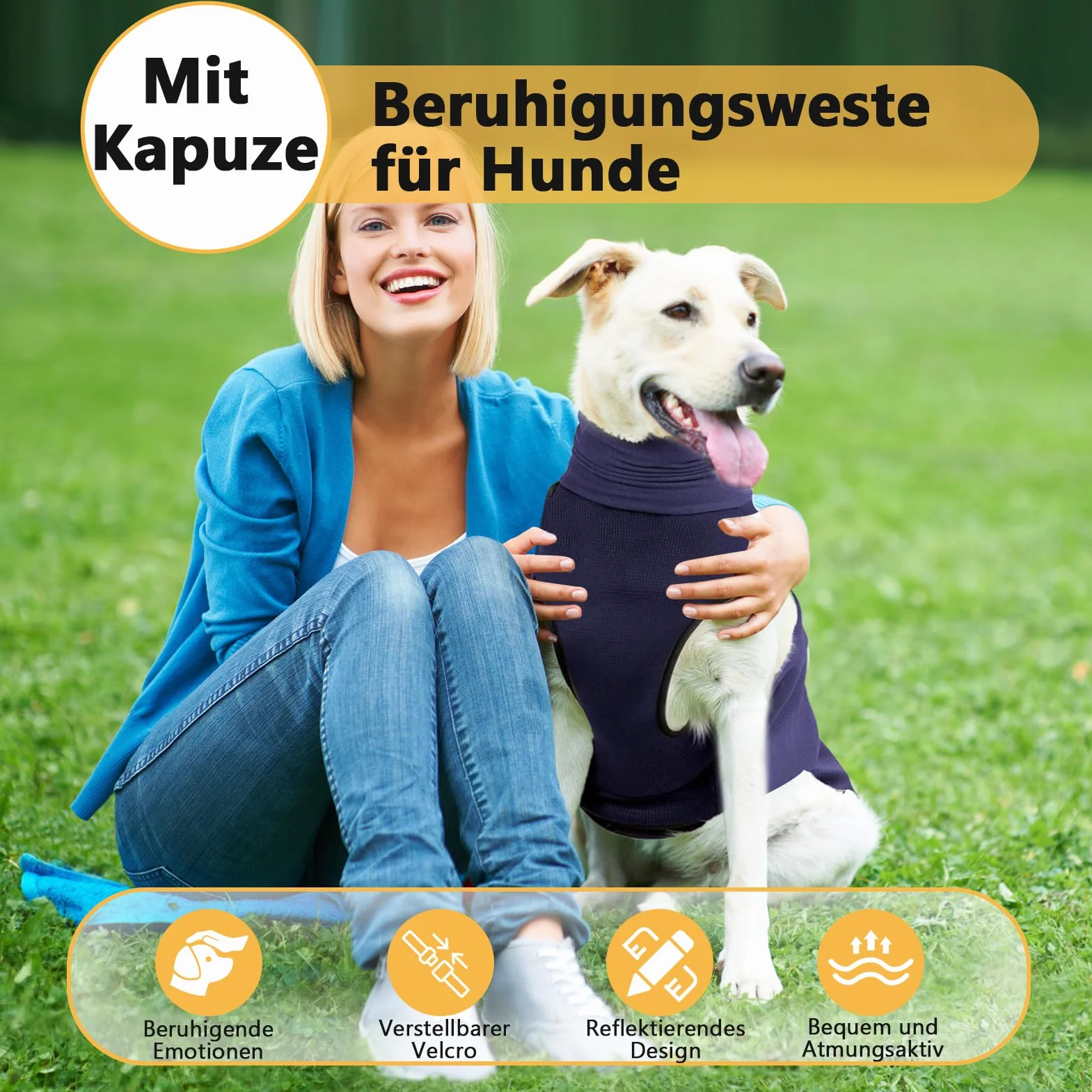 Chaleco calmante para perros, abrigo para perros con capucha calmante, abrigo para perros con protector de oídos calmante tiras reflectantes, plumas calmantes para perros para aliviar la ansiedad