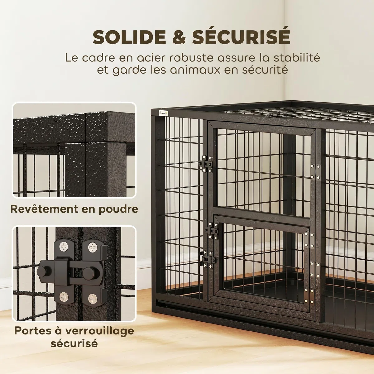 PawHut - Jaula para perro resistente de acero con tubos cuadrados, para interior con techo corredizo y puerta de alimentación, jaula de metal, 94 x 60 x 64 cm, para border Collie y perro mediano