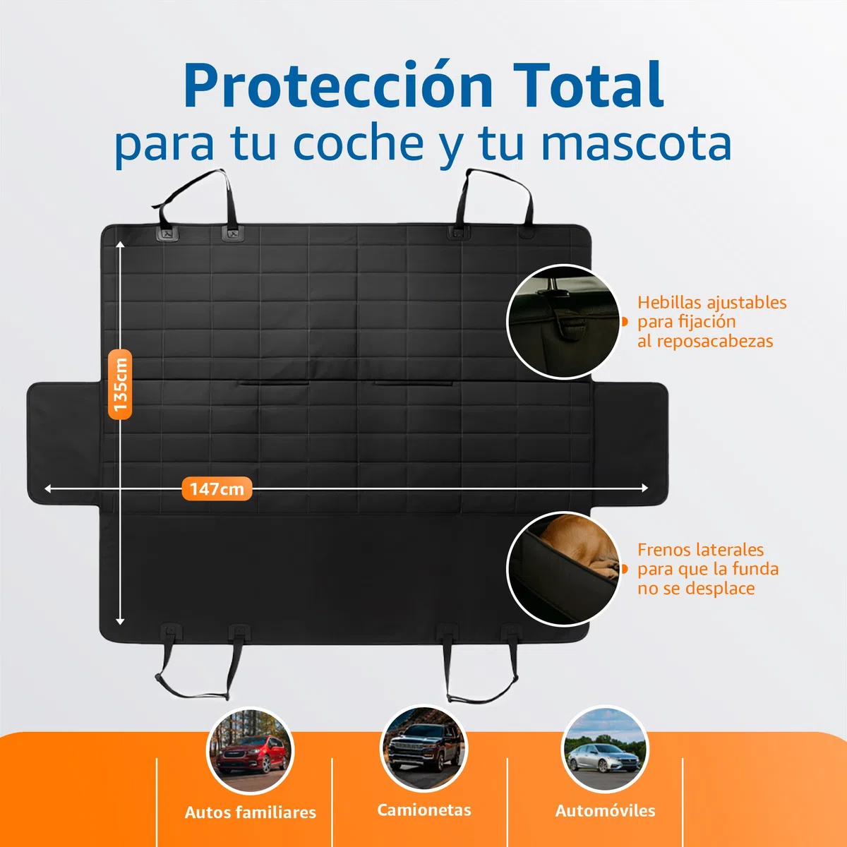 Funda Coche Perro - Protector Coche Asiento Trasero y Maletero, Medidas 147 cm Alto x 135 cm Ancho, Incluye Bebedero Comedero Pleglable y Correa de Seguridad Ajustable, Accesorios Mascotas