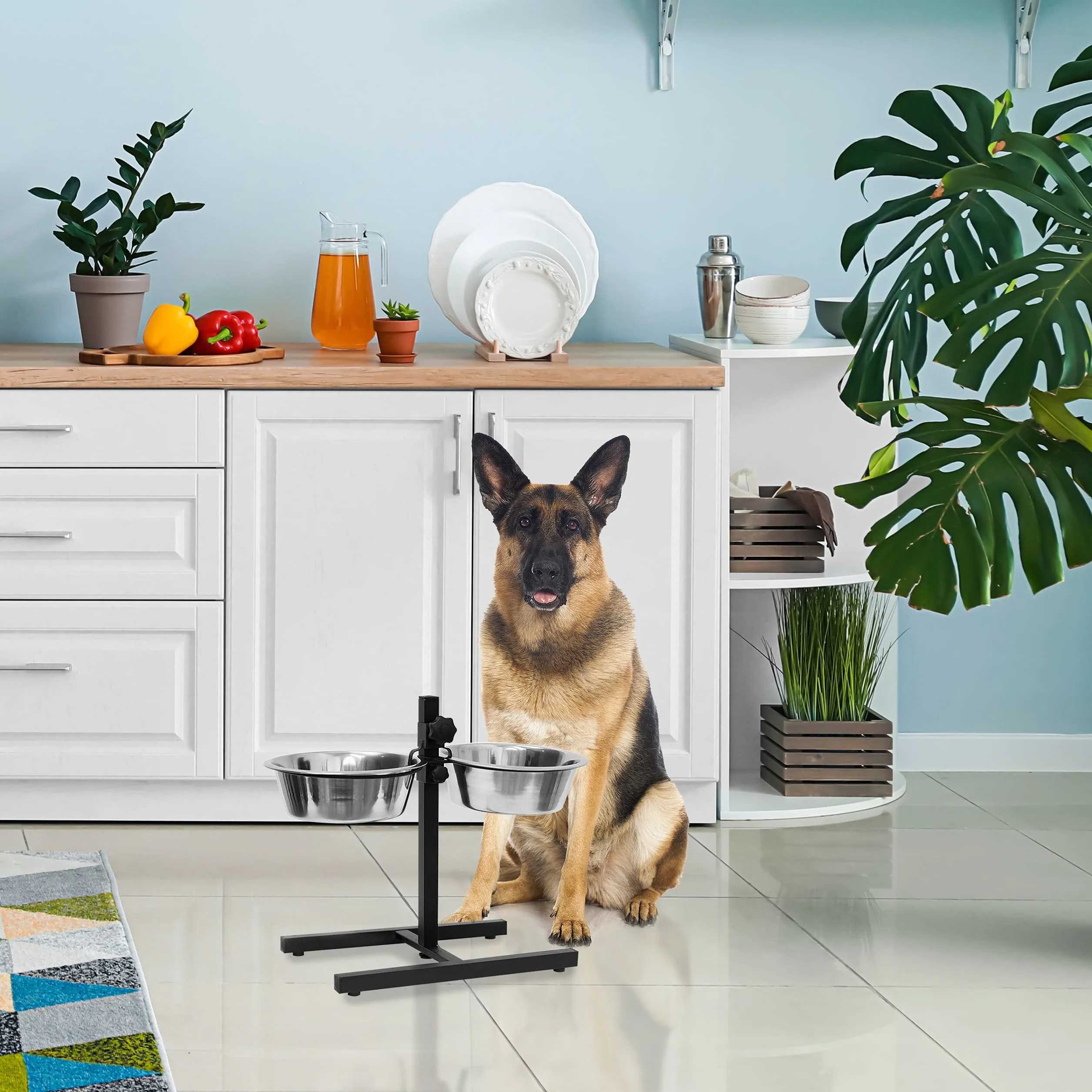 Relaxdays 10019116_398 - Comedero Doble para Perros y Gatos, Plateado, 27x46x42 cm