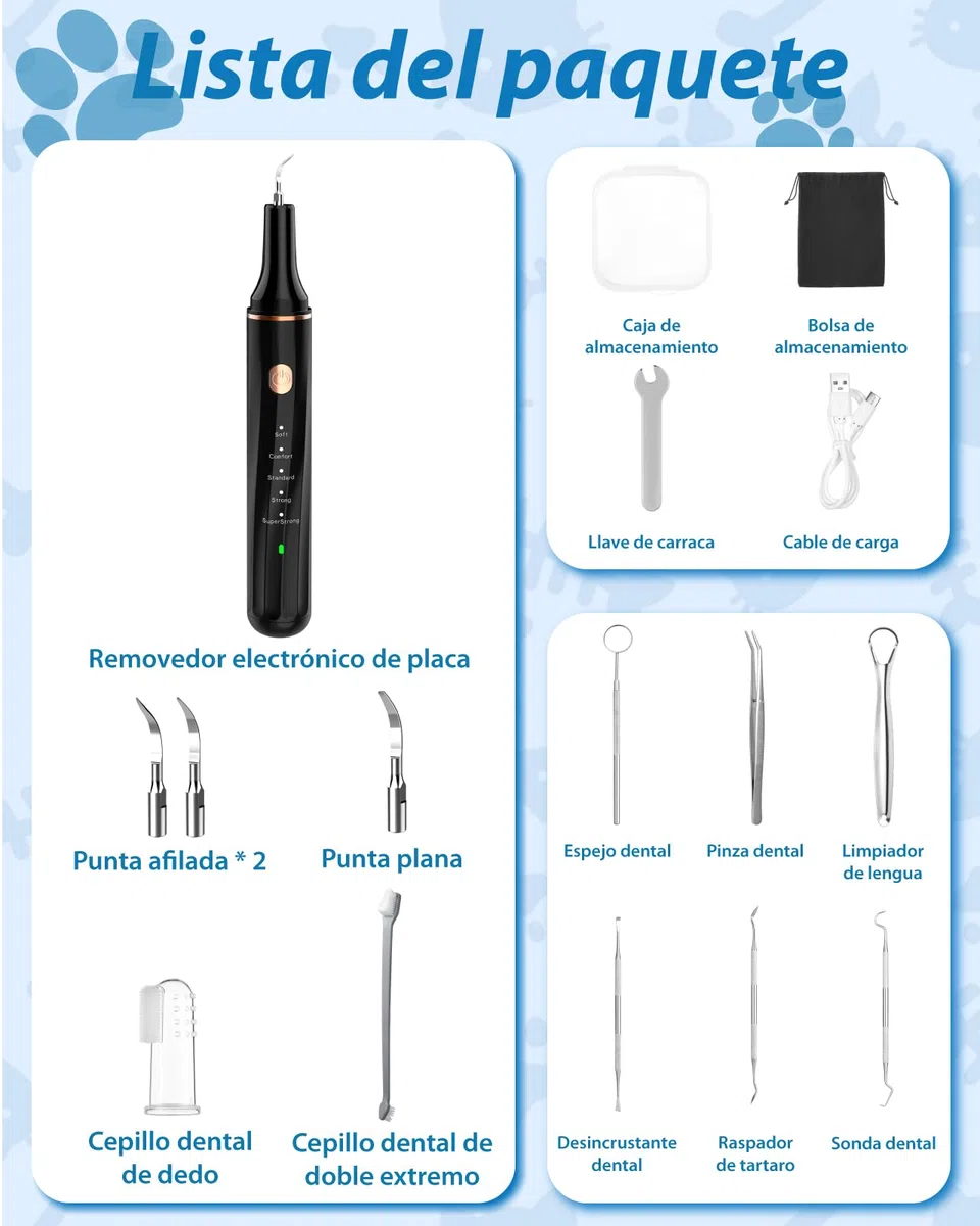 Kit de Limpieza de Sarro Dental Ultrasónico para Perros y Gatos, Detartrador Cepillos Ultrasónicos de Dientes Quita Manchas Limpiador, 5 Modos de Limpieza y 4 Cabezales de Limpieza para Mascotas