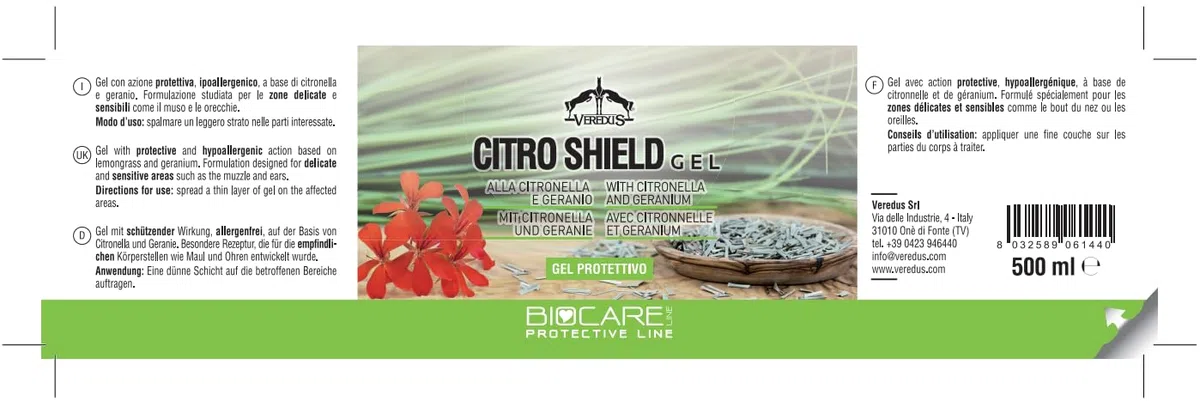 Veredus, Gel Citro Shield Gel con acción protectora de citronela y geranio, diseñado para zonas sensibles y delicadas del caballo - 1 bote de 500 ml