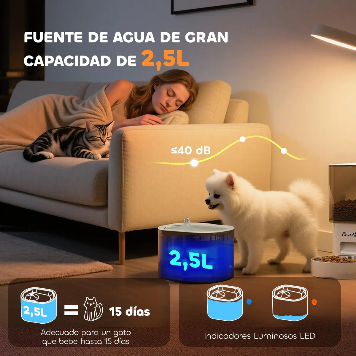 PawHut Comedero Gato Automático Dispensador Comida Gatos Perros de 3L con Control de App 1-10 Comidas al Día Filtros y Luz LED Juego de Comedero y Bebedero Automático Silencioso con Cable USB o Pilas