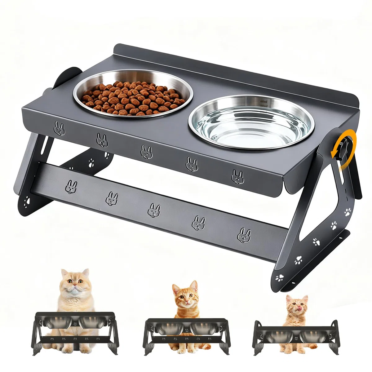 Comedero Gato Elevado,Comedero para Gatos Acero Inoxidable,Cuencos para Gatos Ángulo Ajustable de 0 a 15 Grados,Altura Ajustable de 8,5 a 16 cm,Apto para Gato y Perros Pequeños