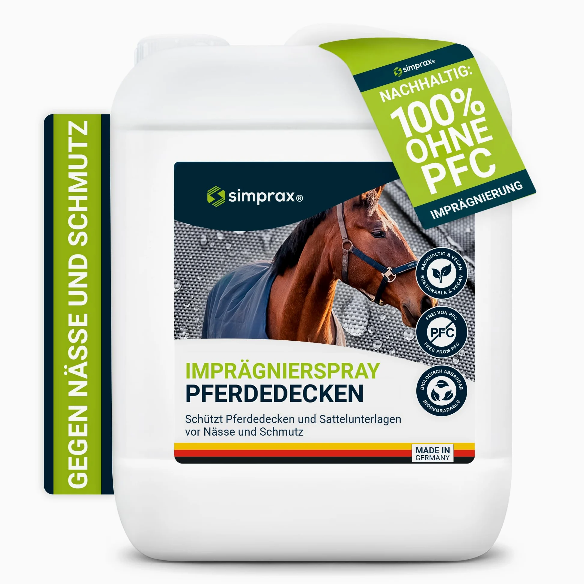 Spray Impermeabilizante Textil para Mantas para Caballos y Mantillas - Certificado Oeko-Tex & V-Label - Sin PFC, Ecológico, Transpirable y Antimanchas - Duradero Spray Impregnante - 5 L