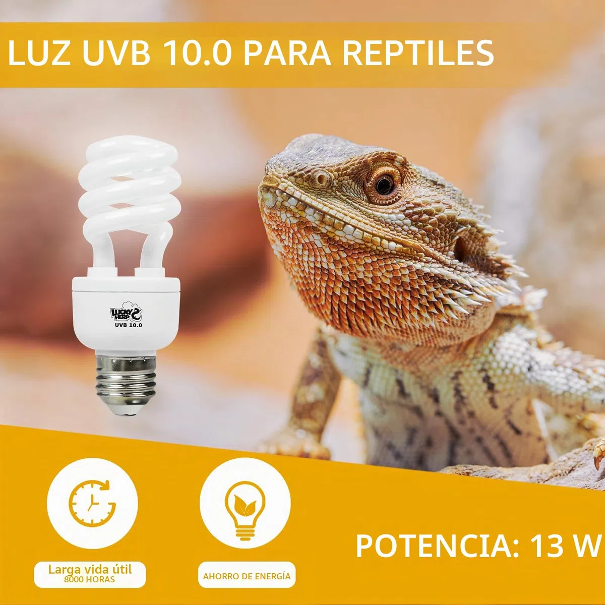 LUCKY HERP lámpara uvb de terrario, reptiles UVA UVB 10.0, E27 compacta para gamones, tortugas, serpientes, lagartos, reptiles y anfibios