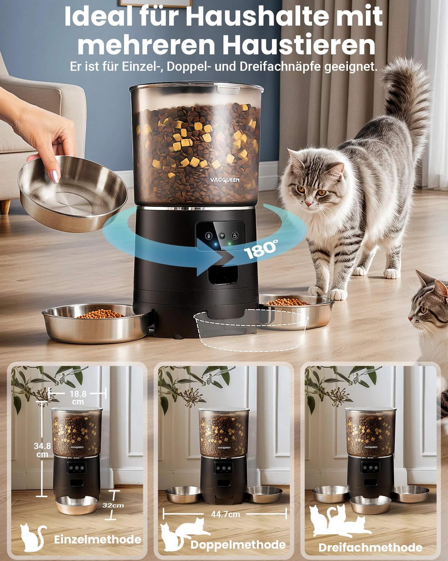 Comedero automático para gatos con aplicación, 6 L/25 tazas de comida para gatos, 3 cuencos, 3 paquetes de desecante, sistema antiobstrucción, grabación de voz 10S, 2,4 G WiFi, comida seca automática