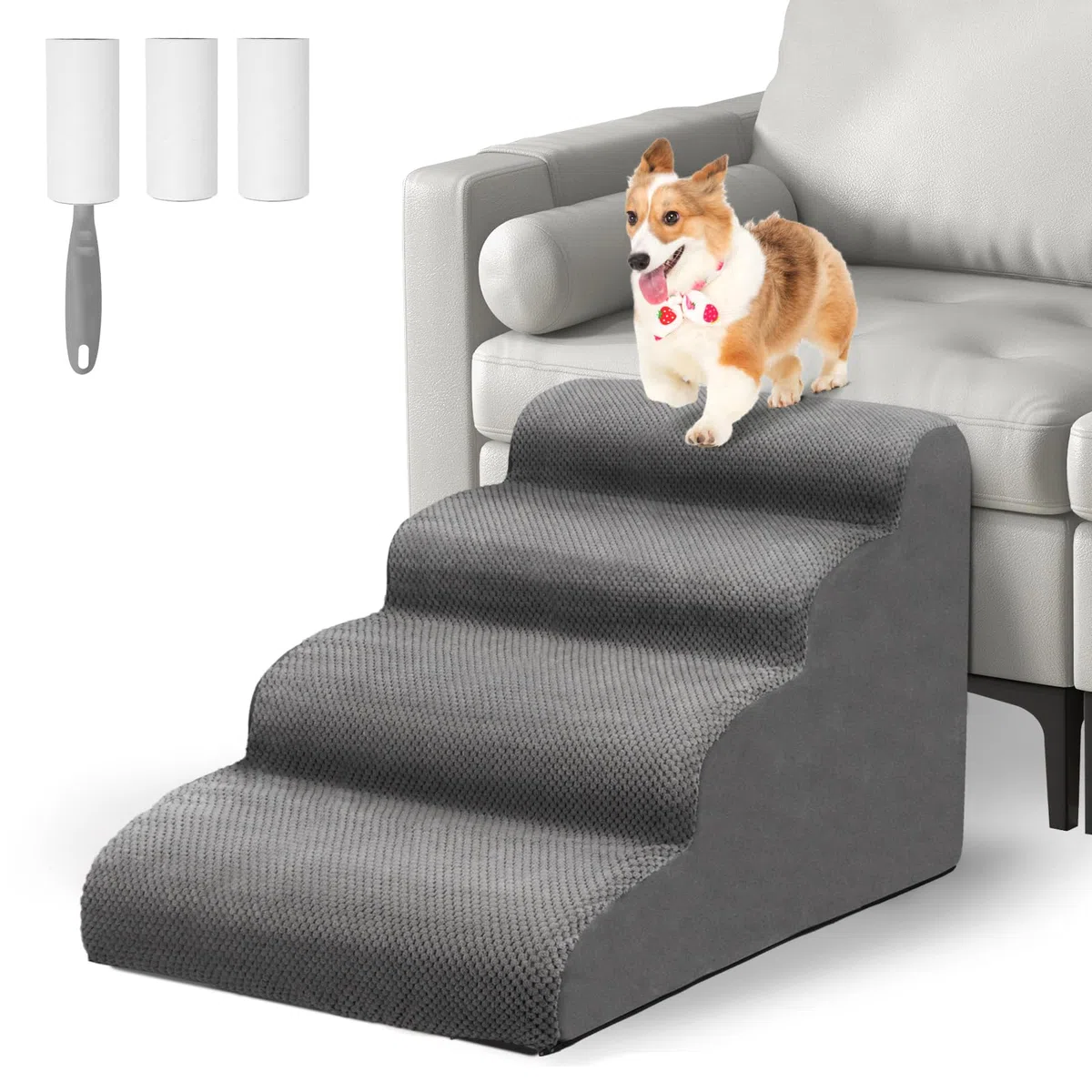 Escalera para Perros, Escaleras para Mascotas de Espuma de 4 peldaños para Cama/sofá, Rampa para Perros Pequeños y Gatos con Funda Lavable y Fondo Antideslizante, Enviar Rodillo de Pelusa