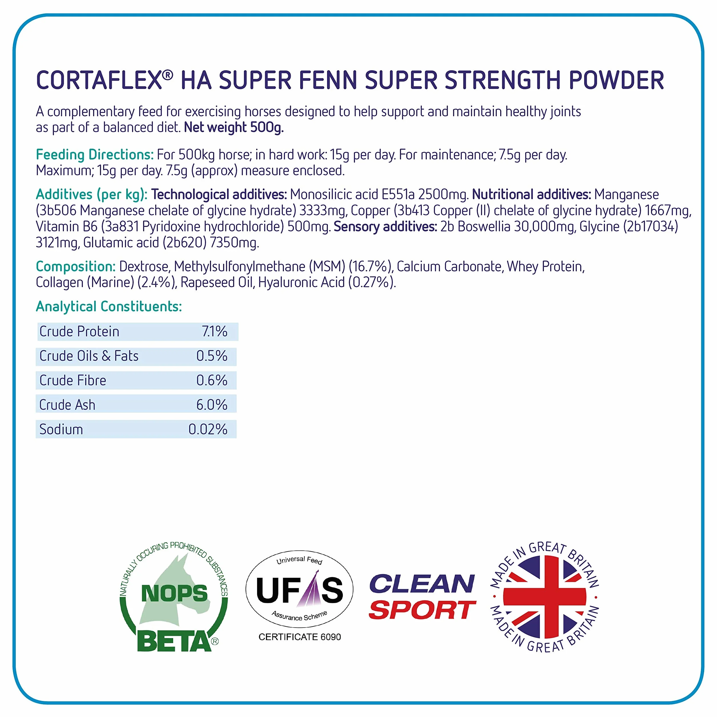 Cortaflex HA Super Fenn Super Strength Powder |Hochwertiges gebrauchsfertiges Nahrungsergänzungsmittel für Pferde und Ponys | Unterstützt Optimum 500g
