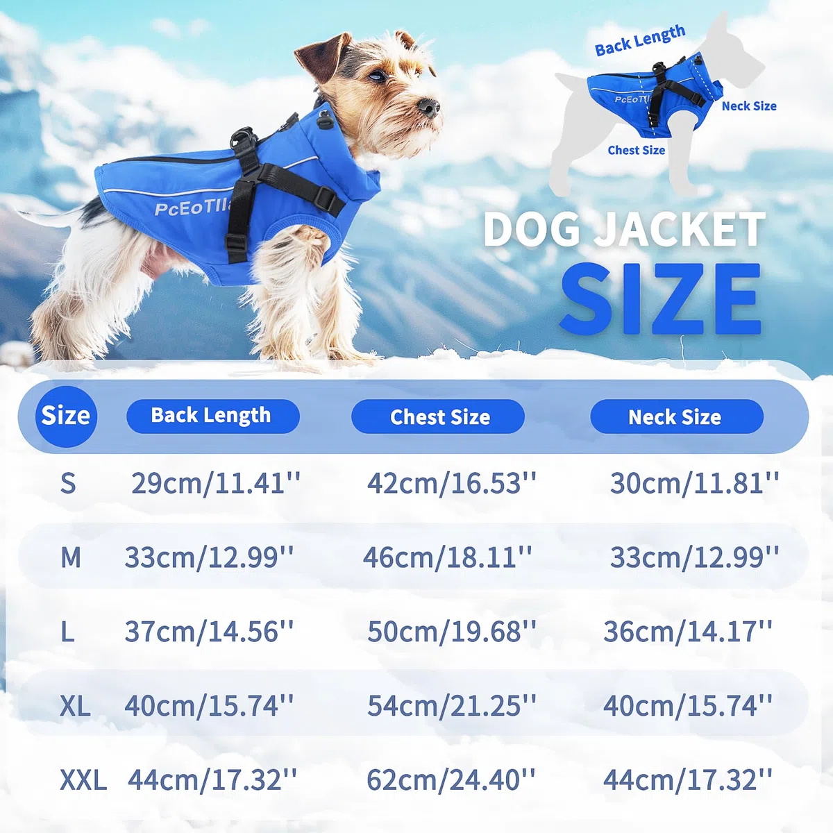 PcEoTllar Abrigo Impermeable para Perros pequeños, Chaqueta Reflectante cálida con arnés para Invierno, Disfraz de esquí, suéter de algodón para Perro, Azul, S