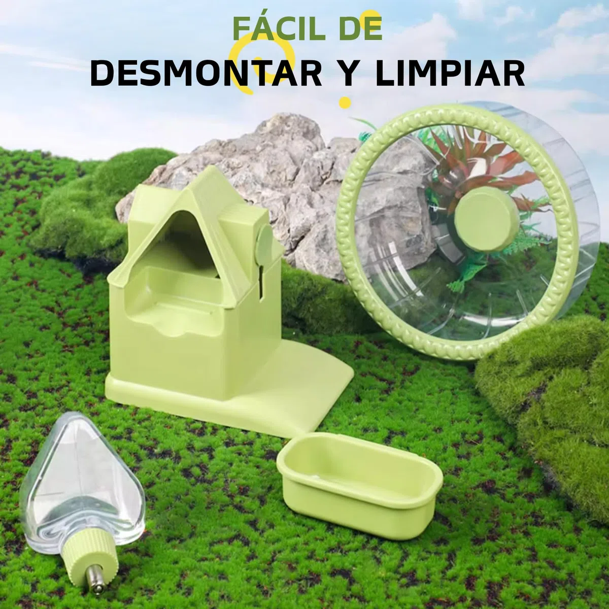 Rueda 4 en 1 para Hámster, Casa de Hámster con Rueda de Carreras, Cuenco de Comida, Botella de Agua y Escondite, Juguetes de Carreras y Ejercicio para Pequeños Animales (Verde, 16cm)
