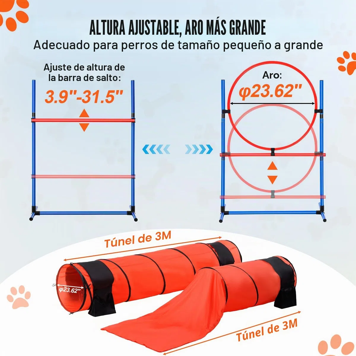 VEVOR Kit de Equipo de Entrenamiento de Agilidad para Perros 7 Piezas Carrera de Obstáculos para Cachorros con Vallas Altas Ajustables 6 Postes Túneles Arco de Salto Caja de Descanso Silbato Cuenco