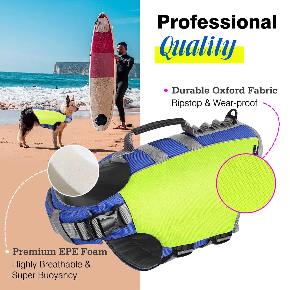 Pawaboo Chaleco Salvavidas para Perros, Chaleco de Seguridad Ajustable para Mascotas con Asa & Banda Reflectante, Abrigo para Natación Flotante Duradero para Nadar,Surf,Navegar, Amarillo Brillante, L