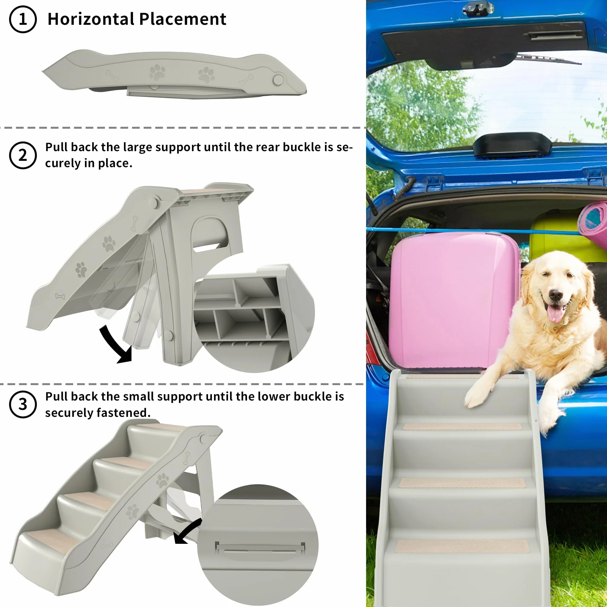 UISEBRT Escalera plegable para perros, 4 peldaños, para mascotas, con alfombrilla antideslizante y barra de apoyo para mascotas de hasta 75 kg, color gris
