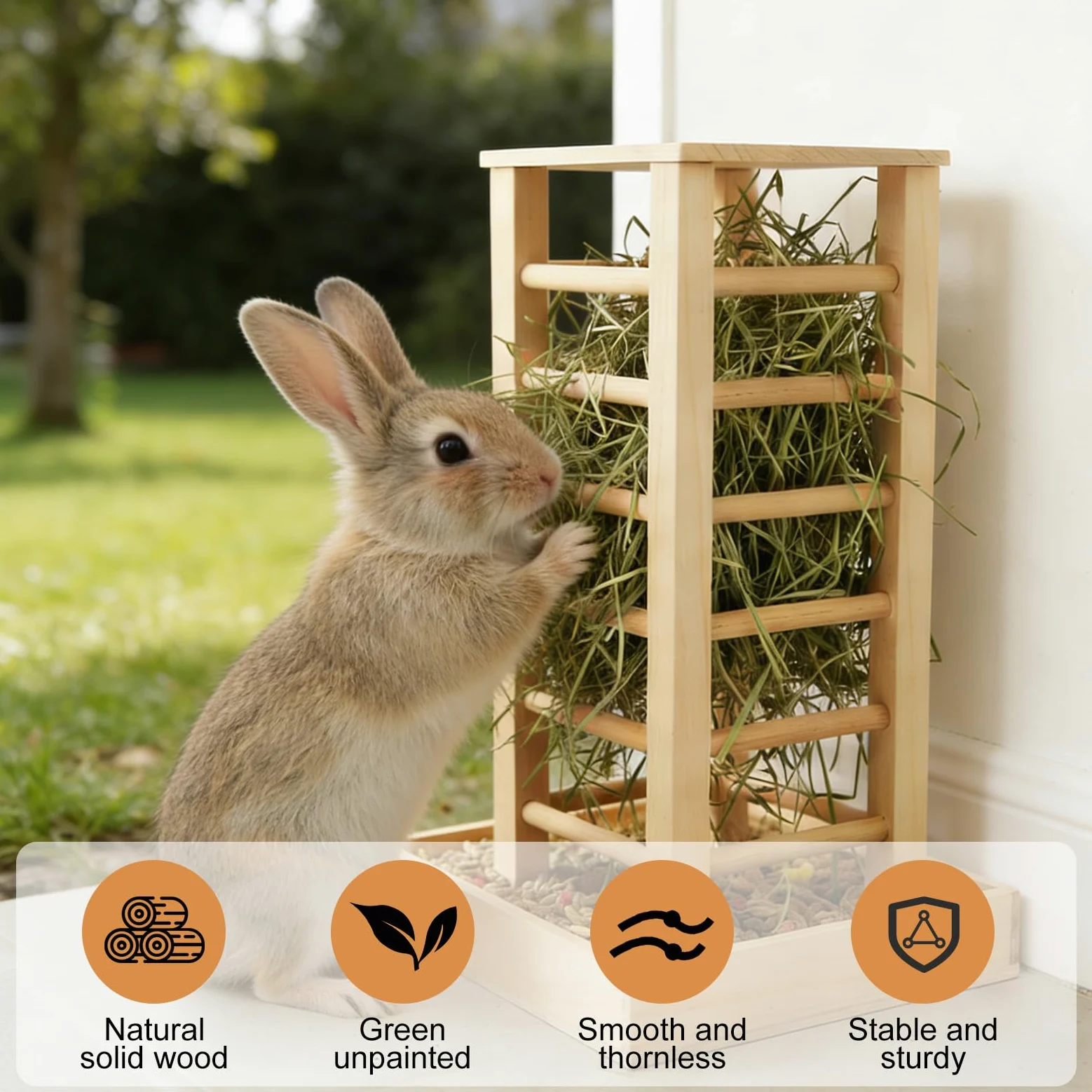 Comedero para conejos, comederos de heno, 36,5 x 24,5 x 16,5 cm, comedero de madera para mascotas pequeñas, conejos, chinchilla, soporte estable en forma de cubo
