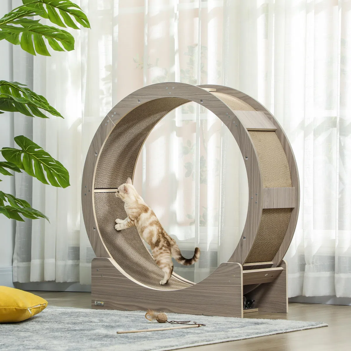 PawHut Rueda para gatos de 91 cm de diámetro, rueda de gato con freno, tabla de rascar, cinta de correr para pérdida de peso y salud, nogal