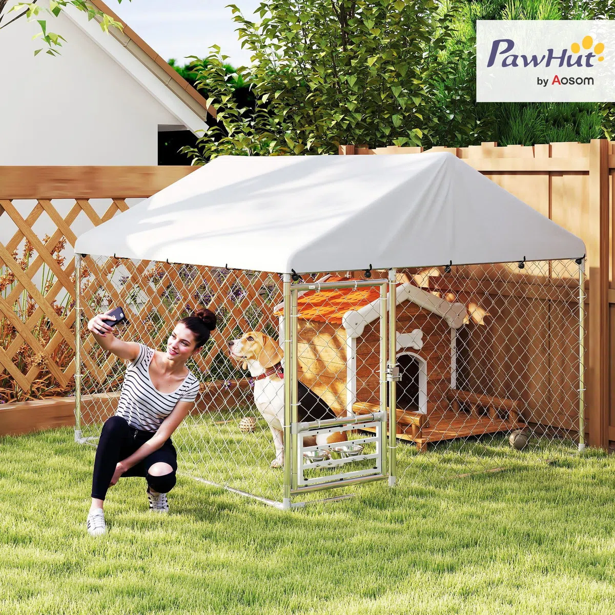 PawHut Perrera de Exterior con Techo Impermeable 2x2x1,55 m Jaula para Perros de Acero Galvanizado Soporte Ajustable y Giratorio para Comida 2 Cuencos para Perros Medianos y Pequeños