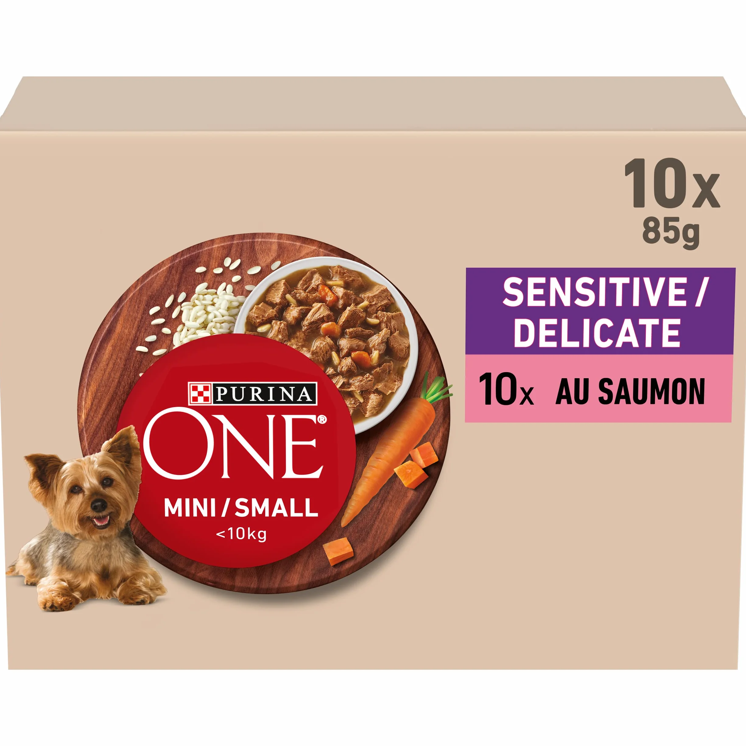 PURINA ONE Mini/Small <10 kg Sensitive/Delicado, Afilado con salmón, arroz y zanahorias en salsa para perros adultos de tamaño pequeño | Digestión sensible bolsas de comida 10 x 85 g | Lote de 6