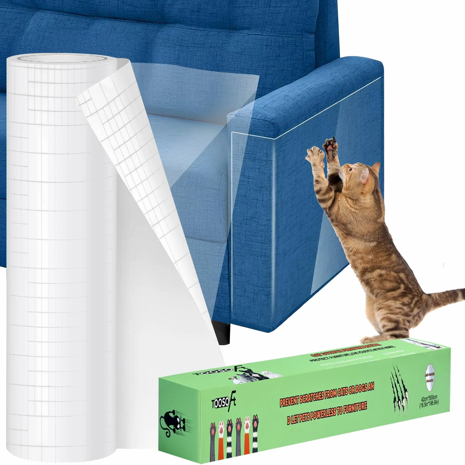 TOOSOFt - Protectores de sofá de plástico para Mascotas (5 m x 42 cm), Adhesivo Grande antiarañazos para Gatos, Protector de Muebles – Cinta Adhesiva Transparente para Evitar arañazos de Perros para